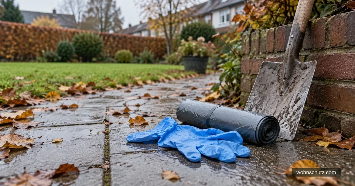 Blaue Einweghandschuhe, eine Rolle reißfester Beutel und ein an eine Klinkermauer gelehnter Spaten auf einem Gartenweg mit Herbstlaub