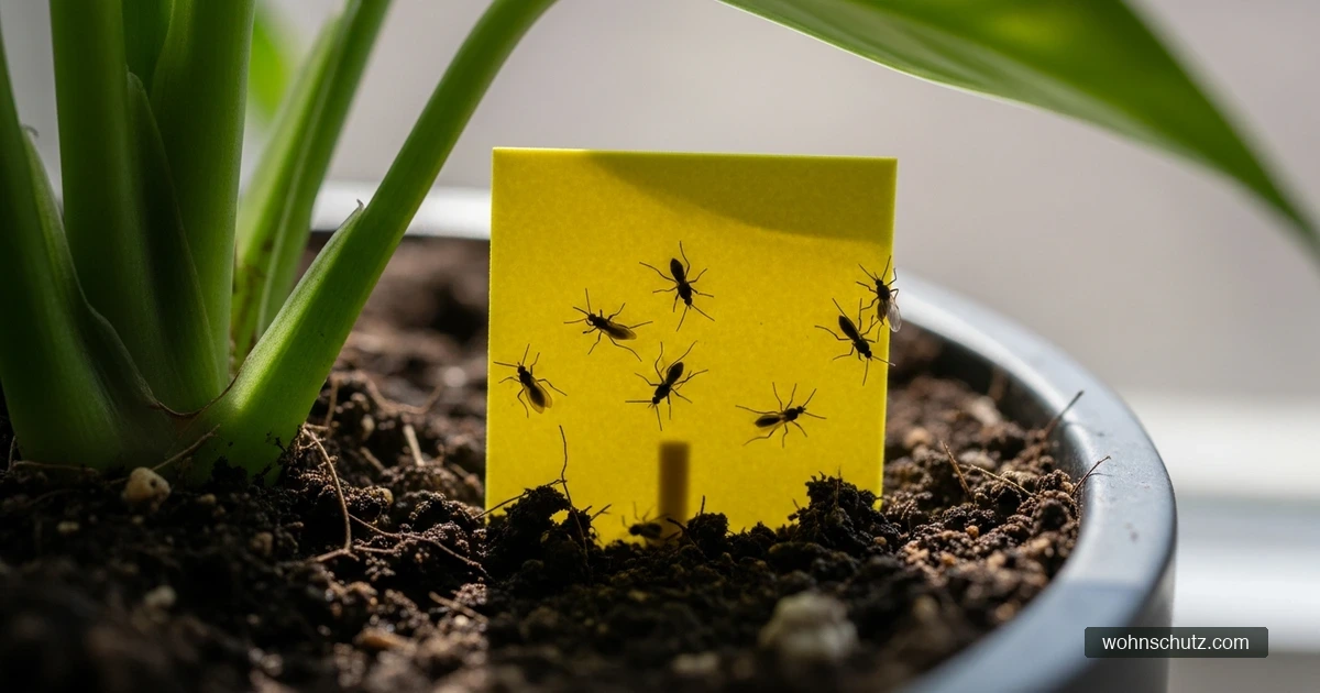 Gelbtafel im Blumentopf einer Zimmerpflanze mit mehreren gefangenen Trauermücken
