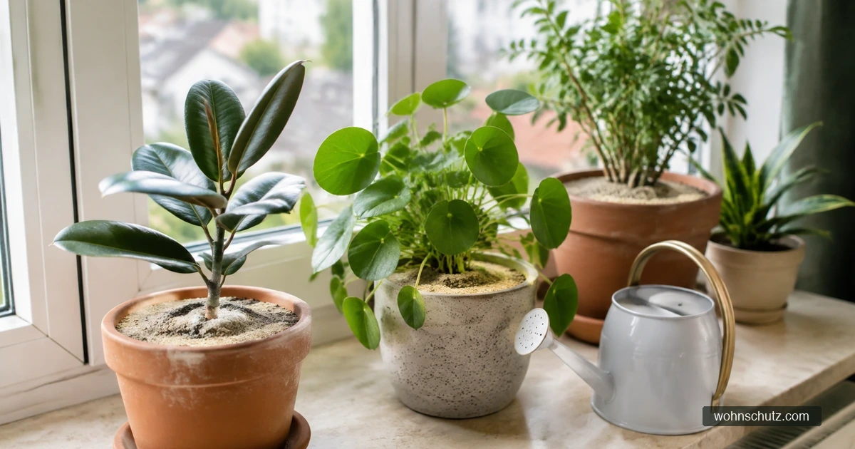 Zimmerpflanzen auf einer Fensterbank, die oberste Schicht der Blumenerde ist mit hellem Sand abgedeckt – Schutz gegen die Eiablage von Trauermücken
