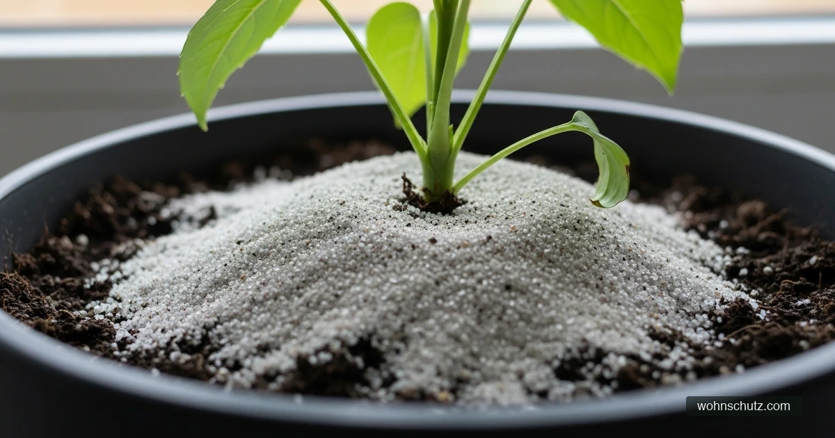 Blumentopf mit einer hellen Quarzsandschicht über der Blumenerde – die trockene Oberfläche verhindert die Eiablage von Trauermücken