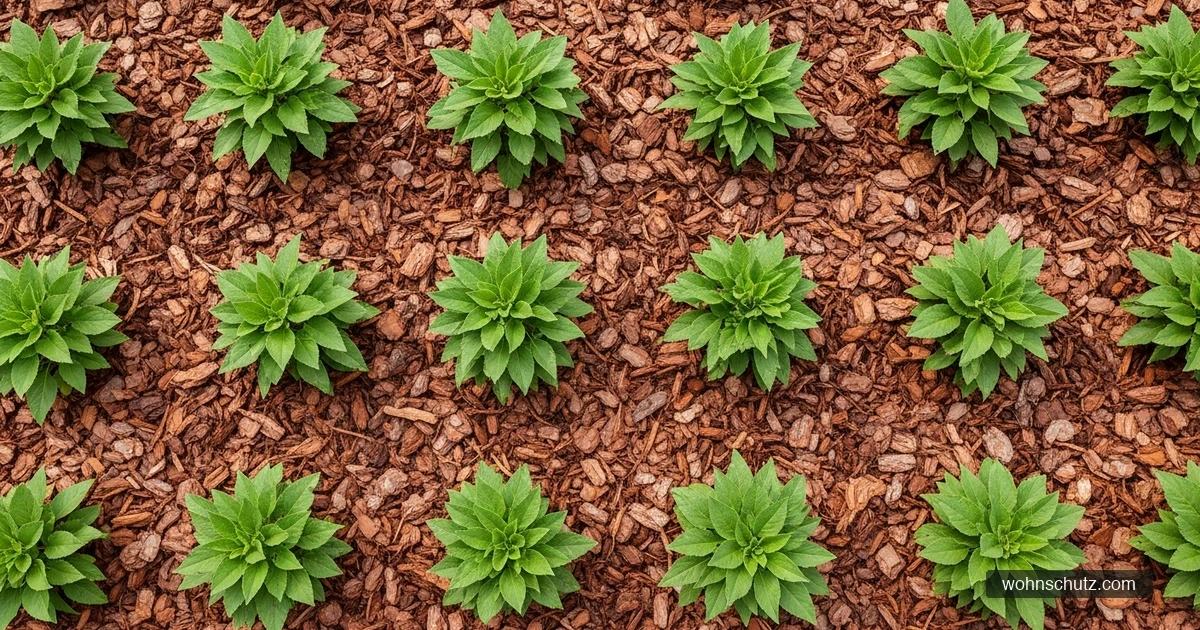 Gartenbeet mit einer gleichmäßigen Schicht Rindenmulch zwischen Stauden zur Unkrautunterdrückung