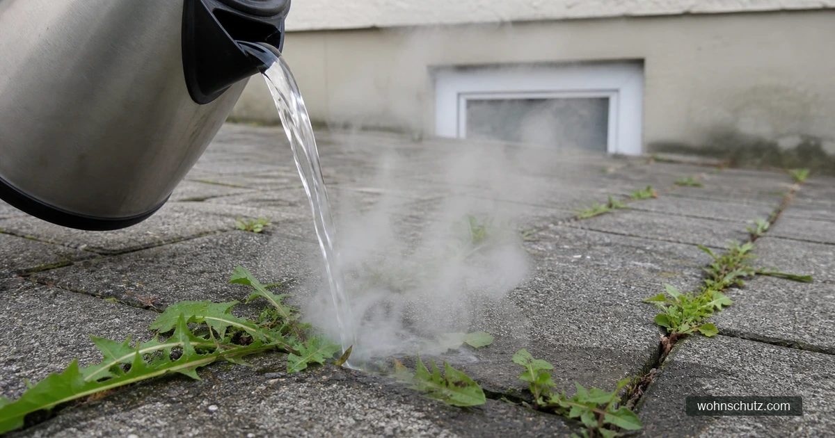 Heißwasser gegen Unkraut auf Pflaster – kochendes Wasser aus dem Wasserkocher wird auf Löwenzahn in einer Pflasterfuge gegossen, sichtbarer Wasserdampf
