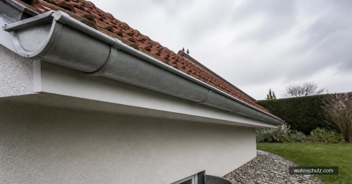 Dachtraufe und Dachrinne eines Wohnhauses mit Vögeln auf dem Dachfirst