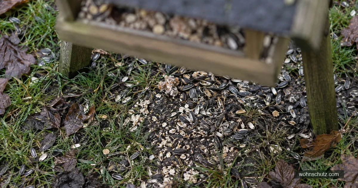 Verstreute Körner und Schalen auf dem Boden unter einem offenen Vogelfutterhaus