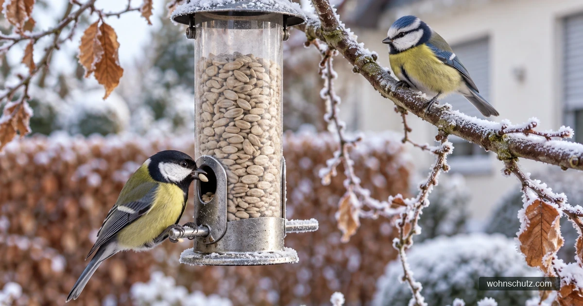 Kohlmeise an einer Futtersäule mit geschälten Sonnenblumenkernen, daneben eine Blaumeise auf einem bereiften Ast im Wintergarten