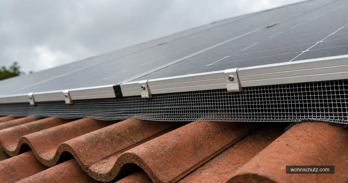Am Rand der Photovoltaikmodule montiertes Vogelschutzgitter schließt den Spalt zur Dachziegelfläche