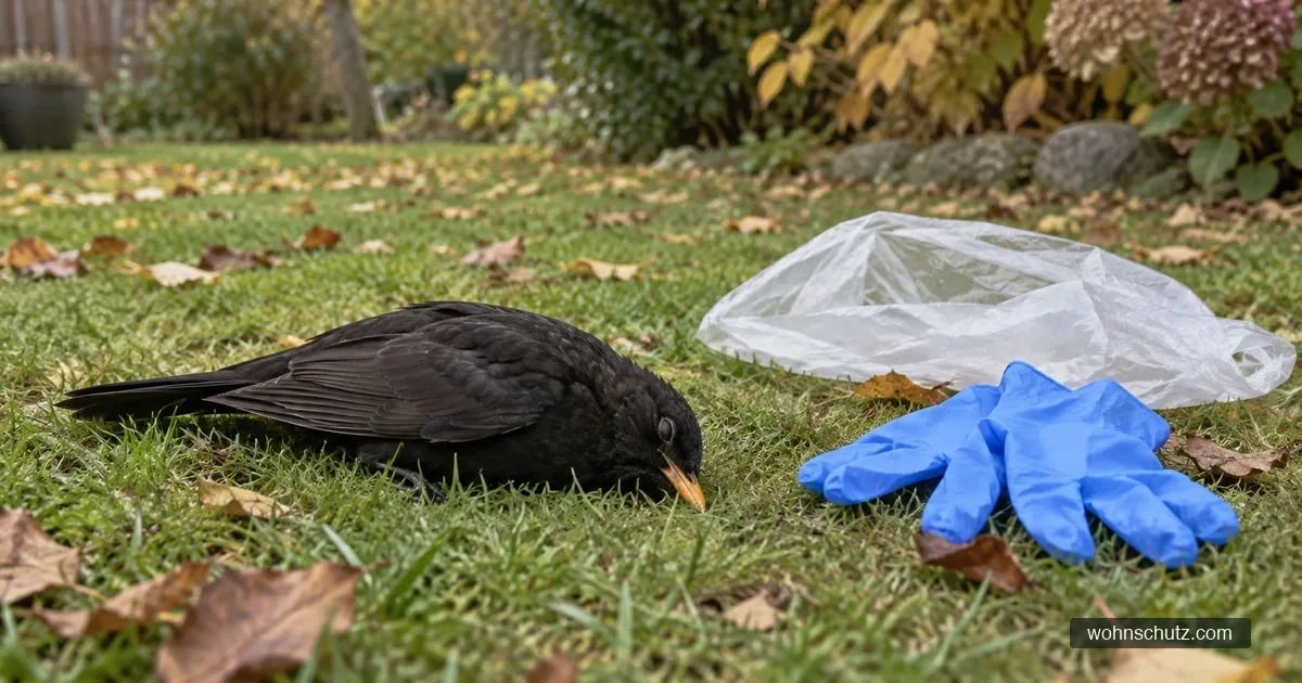 Tote Amsel auf einem Hausrasen, daneben liegen bereitgelegte Einweghandschuhe und eine Plastiktüte