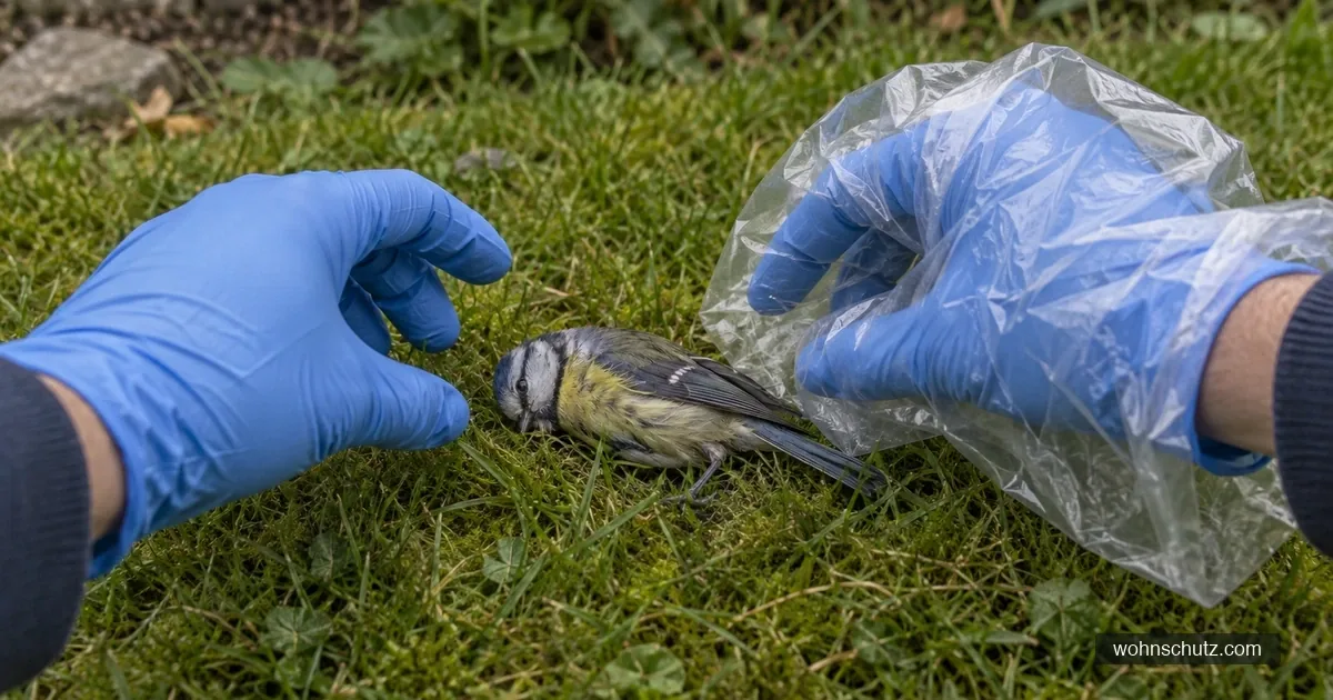 Behandschuhte Hände nehmen einen toten Kleinvogel mit einer über die Hand gestülpten Plastiktüte vom Rasen auf
