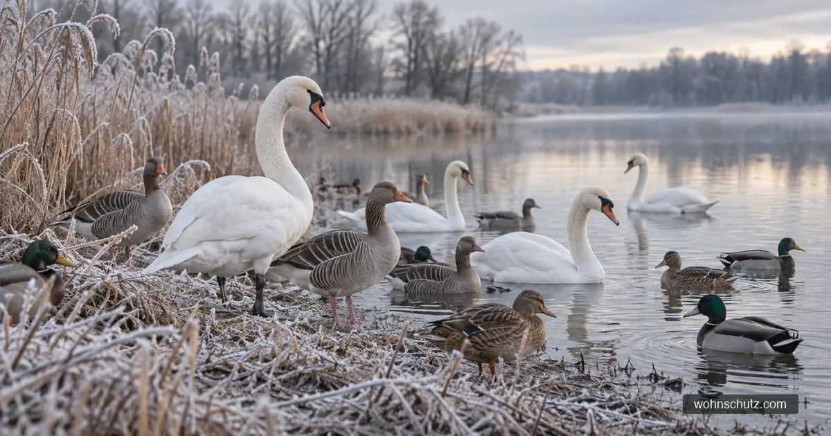 Schwäne, Gänse und Enten an einem winterlichen Seeufer mit Schilf und Raureif