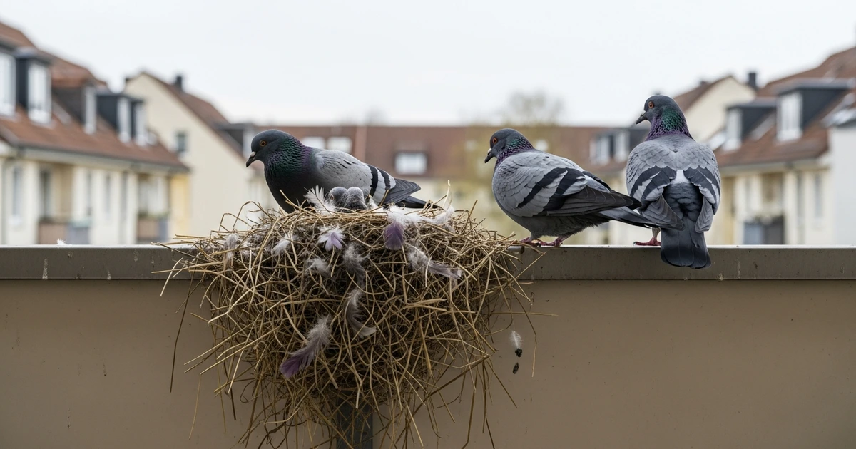 Tauben-Nest unter Balkongeländer – Quelle von Vogelmilben-Befall in Wohnungen mit sichtbaren Tauben