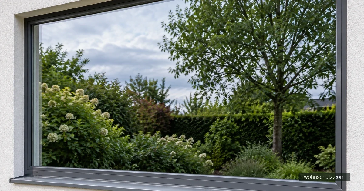 Terrassenscheibe mit deutlicher Spiegelung von Garten, Sträuchern und hellem Himmel
