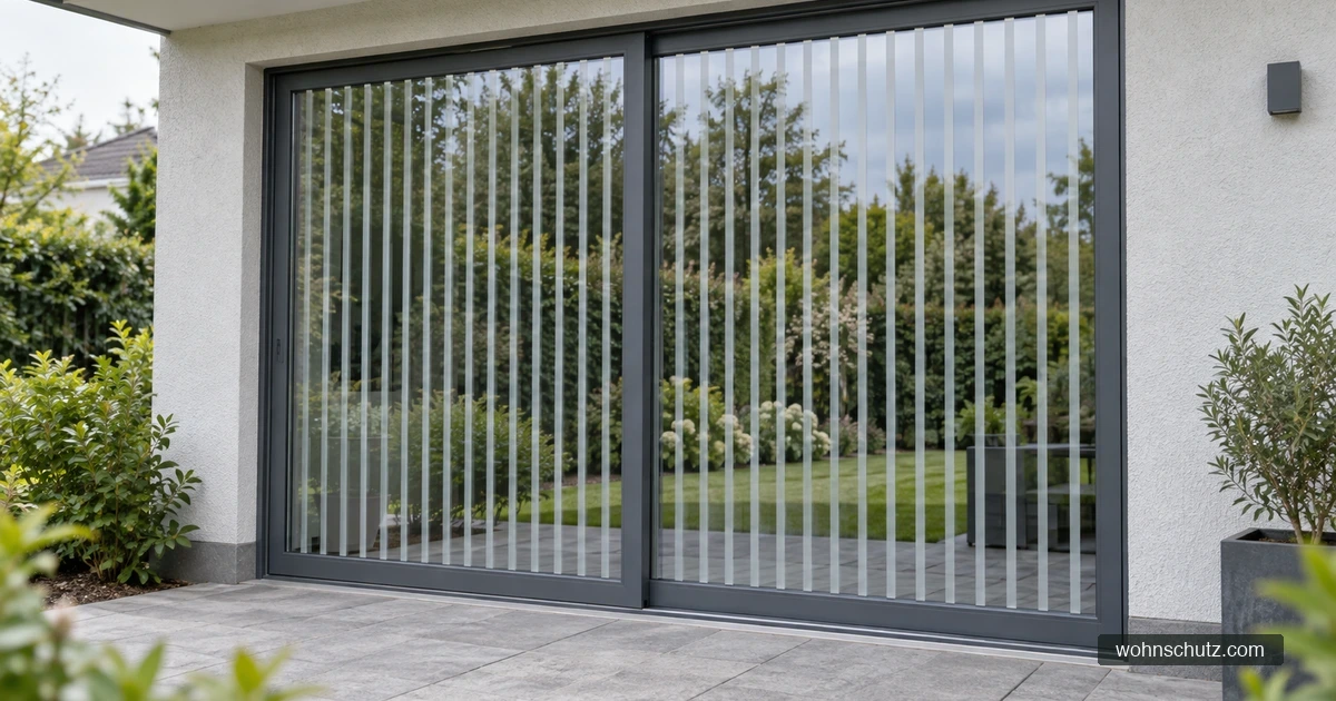 Große Terrassenscheibe, in der sich Garten und Himmel spiegeln, mit einem schmalen Streifenmuster auf der Außenseite