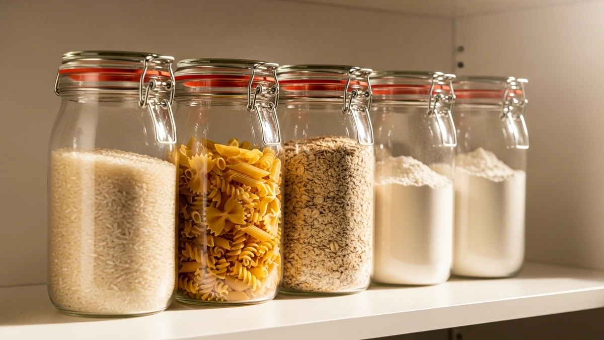 Ordentliche Vorratskammer mit beschrifteten Glasbehältern verschiedener Größen – Mehl, Reis, Hülsenfrüchte und Gewürze übersichtlich gelagert