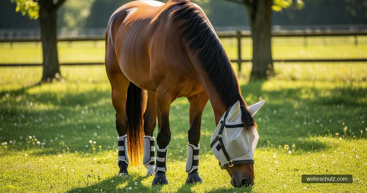 Pferd mit Fliegenmaske und Beinschutz auf sonniger Sommer-Weide
