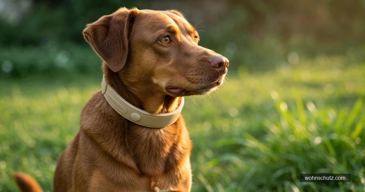 Hund mit Insektenschutz-Halsband auf einem sommerlichen Hof