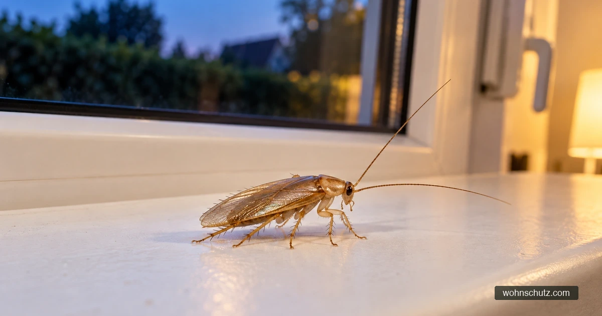 Hellbraune Waldschabe mit durchscheinenden Flügeln und langen Fühlern auf einer weißen Fensterbank am Sommerabend, dahinter Hecke in der Dämmerung