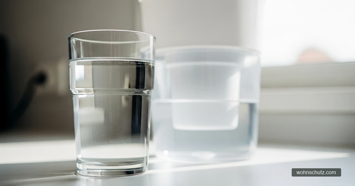 Glas mit klarem Leitungswasser neben einer Wasserfilterkanne auf einer Küchenarbeitsplatte
