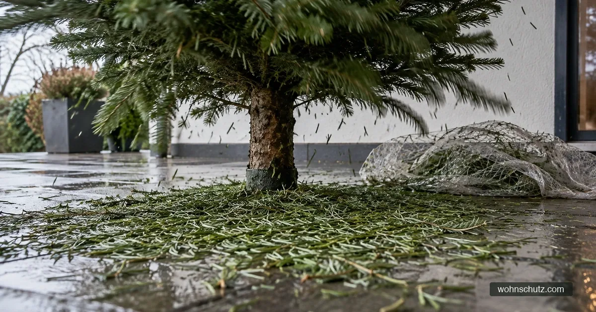 Nordmanntanne wird auf einer überdachten Terrasse vor dem Hereintragen kräftig ausgeschüttelt