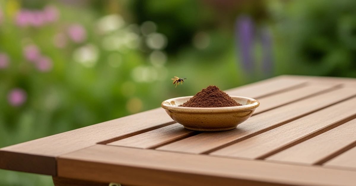Verbranntes Kaffeepulver in einem Teelichthalter auf der Gartenterrasse – natürliches Wespenabwehrmittel