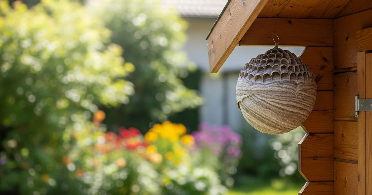 Papiernes Wespennest-Attrappe hängt unter Gartenhausdach – Pseudonest als Wespenabwehr im Garten