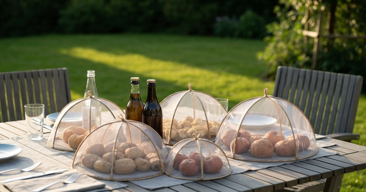 Teller mit Essen auf Terrasse unter Haube abgedeckt – Schutz vor Wespen beim Essen im Freien