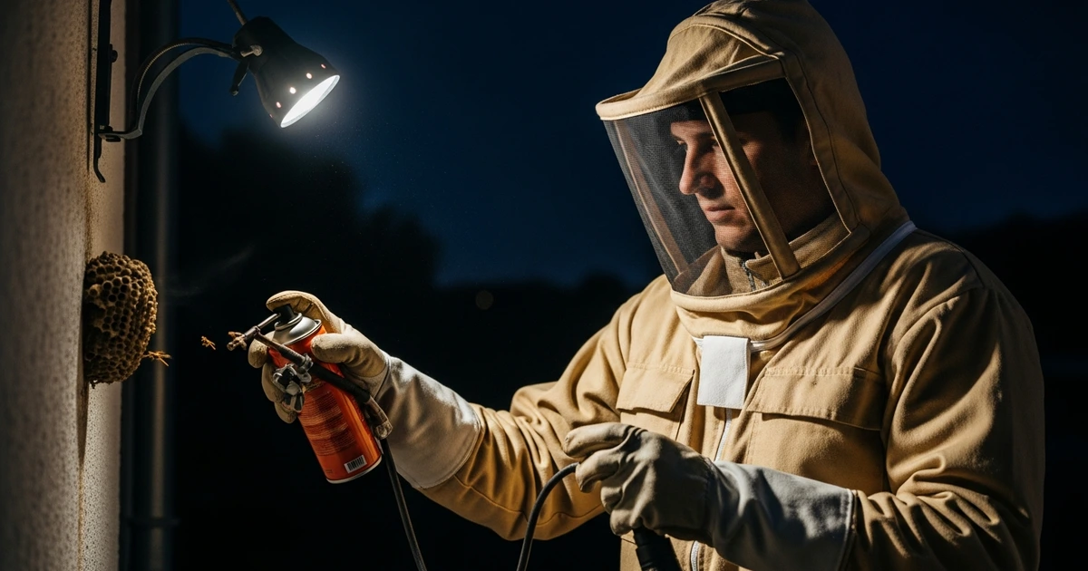 Person in Schutzanzug entfernt nachts ein kleines Wespennest – sichere Eigenbehandlung