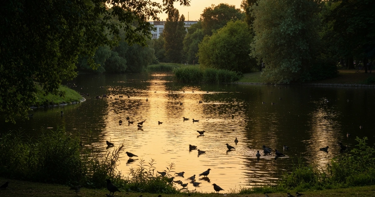 Berliner Park mit Teich im Sommer – Brutstätte für Culex-Mücken und West-Nil-Virus-Risikogebiet