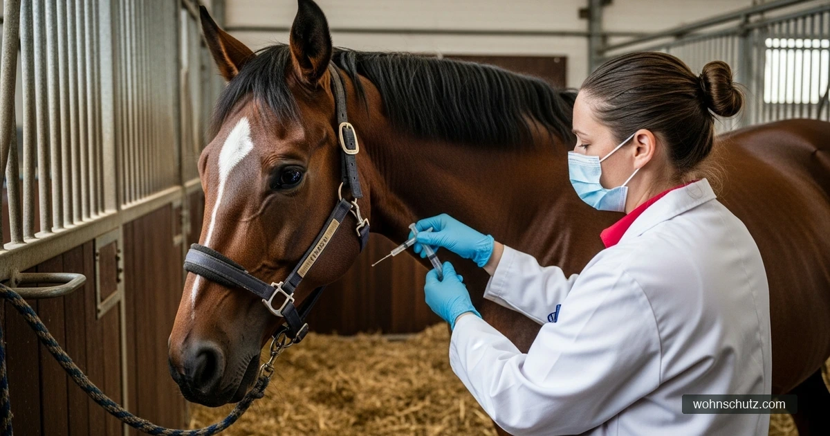 Tierärztin impft ein Pferd im Stall gegen West-Nil-Virus – Vorsorge vor der Mückensaison