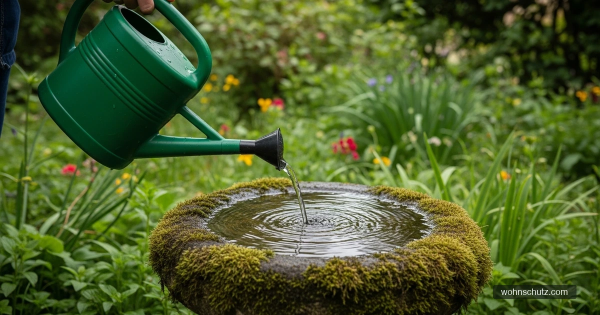 Gartenbesitzer reinigt und befüllt eine flache Vogeltränke mit frischem Wasser