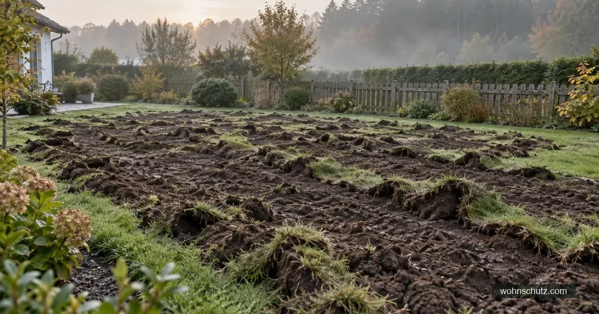 Aufgebrochene Grasnarbe eines Hausgartens in der Dämmerung, dahinter ein niedriger Gartenzaun und Waldrand