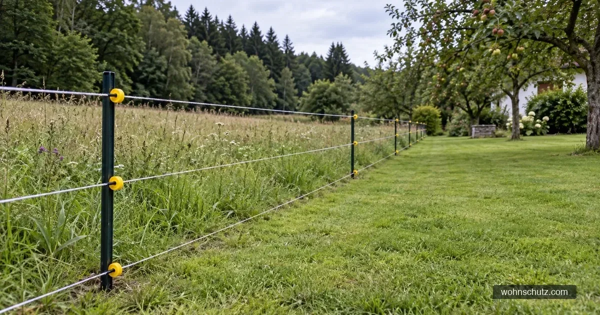 Stromführender Litzenzaun mit bodennaher unterster Litze entlang eines deutschen Hausgartens