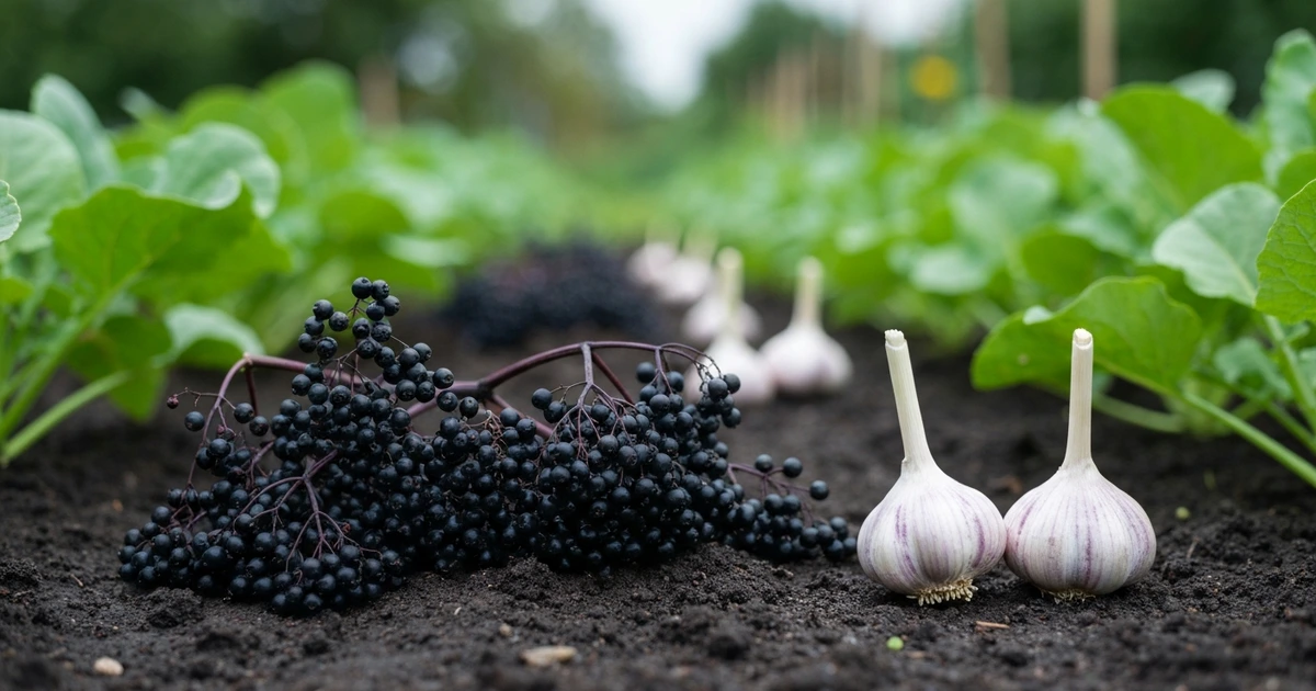 Holunderäste und Knoblauchzehen in einem Wühlmausgang, umgeben von Gartenerde