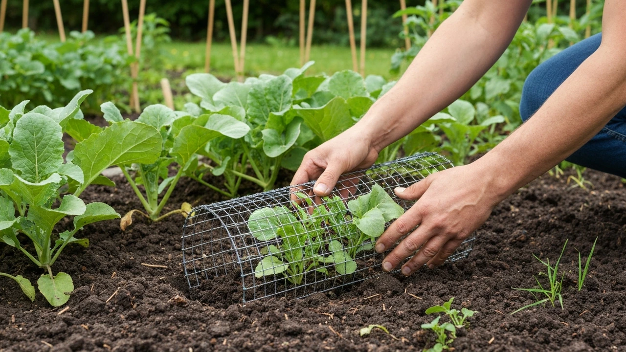 Pflanzkorb aus verzinktem Maschendraht in einem Gartenbeet als Schutz vor Wühlmausfrass