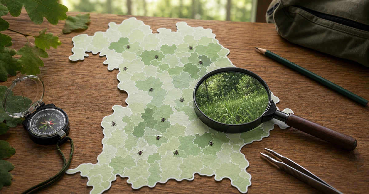 Zecken Bayern Karte: symbolische Analyse von Risikogebieten mit Lupe und Zeckenschutz-Werkzeug
