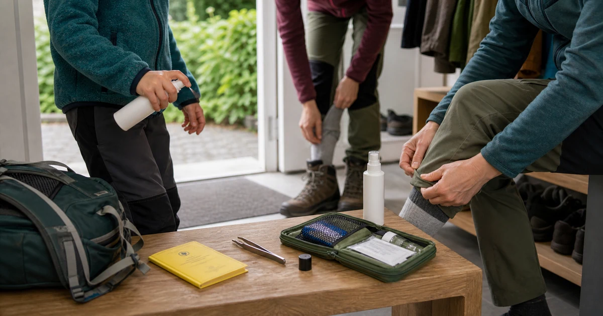 Zeckenschutz vor dem Wandern in Bayern mit Repellent, Zeckenpinzette und Outdoor-Kleidung