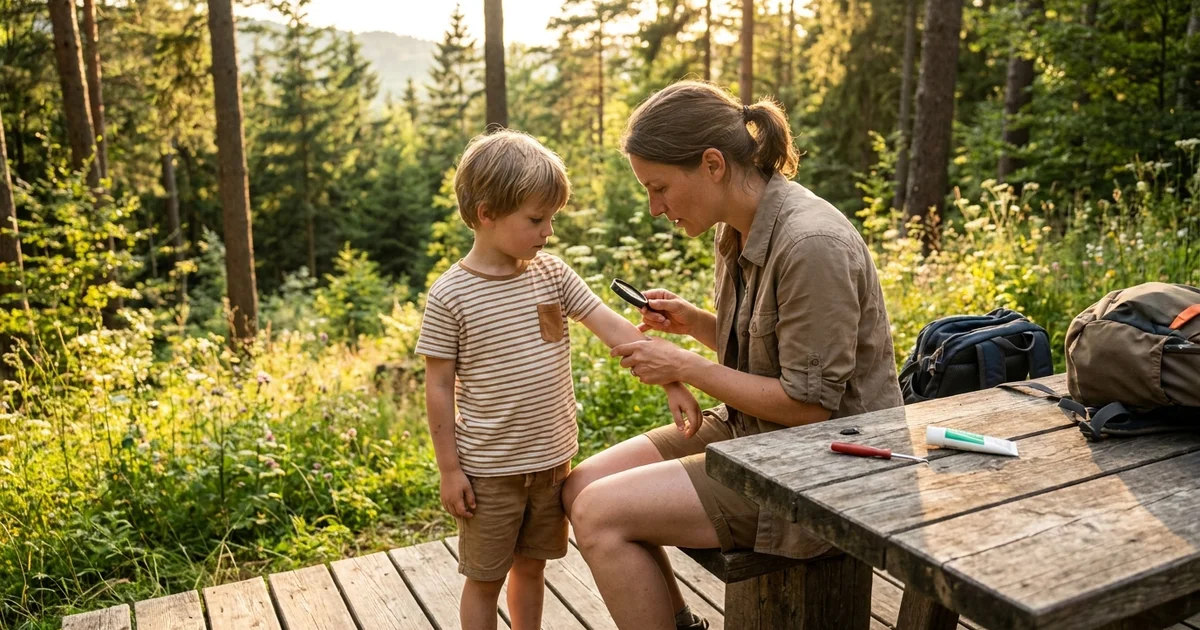 Zecken bei Kindern – Eltern kontrollieren Kind auf Zecken nach dem Spielen im Garten