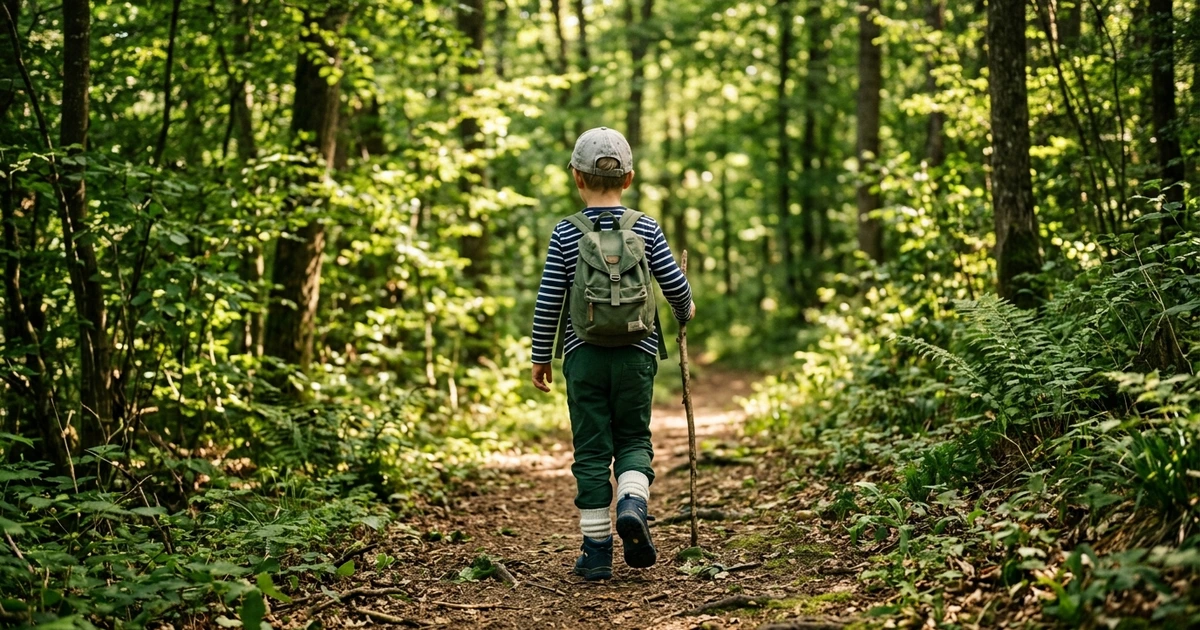 Kind im Wald mit langen Hosen und Stiefeln – Schutzkleidung gegen Zecken