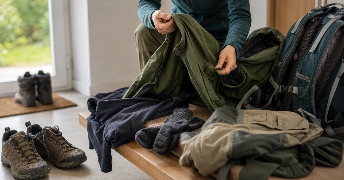 Outdoor-Kleidung und Rucksack nach dem Waldspaziergang auf Zecken kontrollieren
