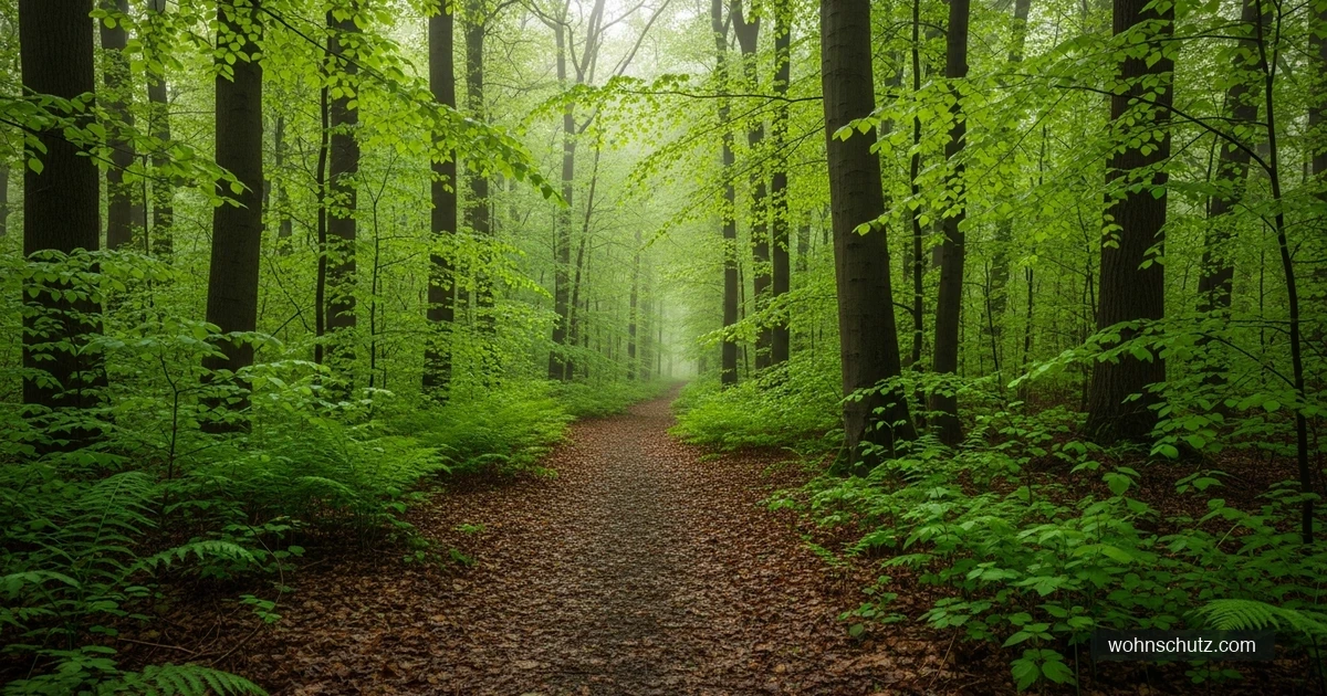 Feuchter Waldweg im Frühjahr – typischer Zeckenlebensraum im Mai in Deutschland