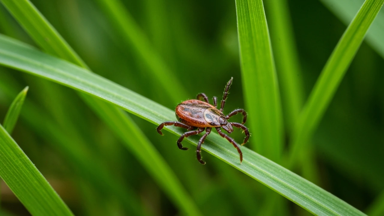 Zecke auf Grashalm im Rasen – Ixodes ricinus auf Lauer