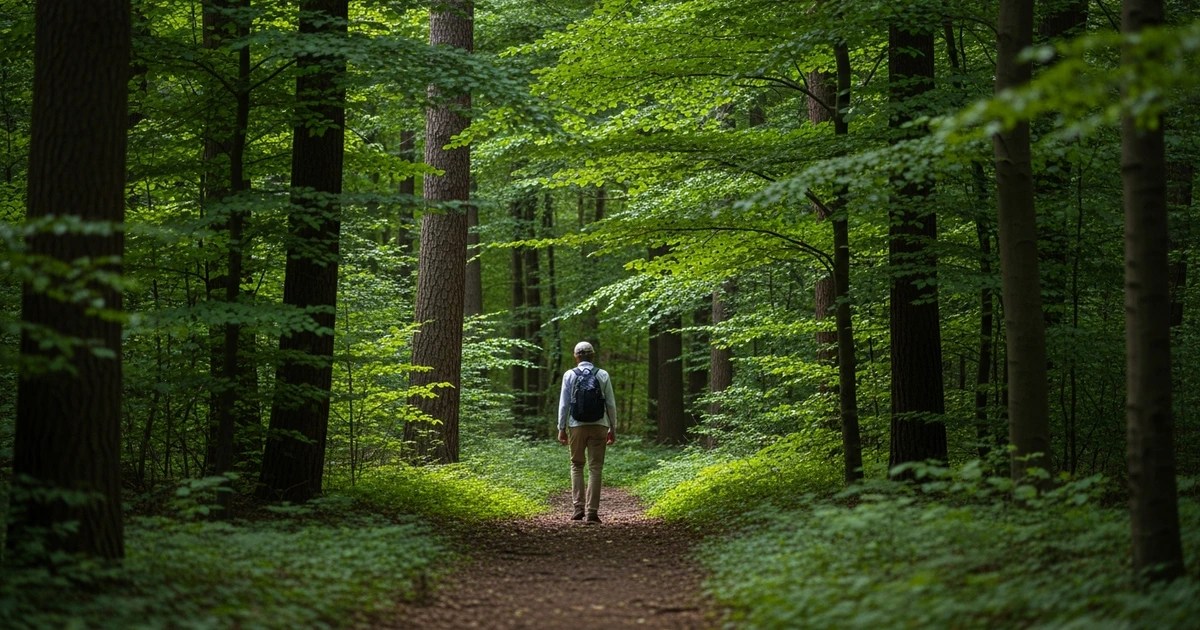 Wanderer in Schutzkleidung im bayerischen Wald – FSME-Risikogebiet