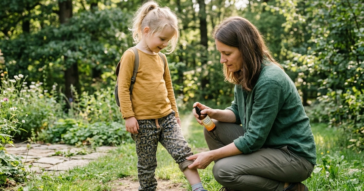 Mutter trägt Repellent auf Kinderbein auf – Zeckenschutz vor dem Waldspaziergang