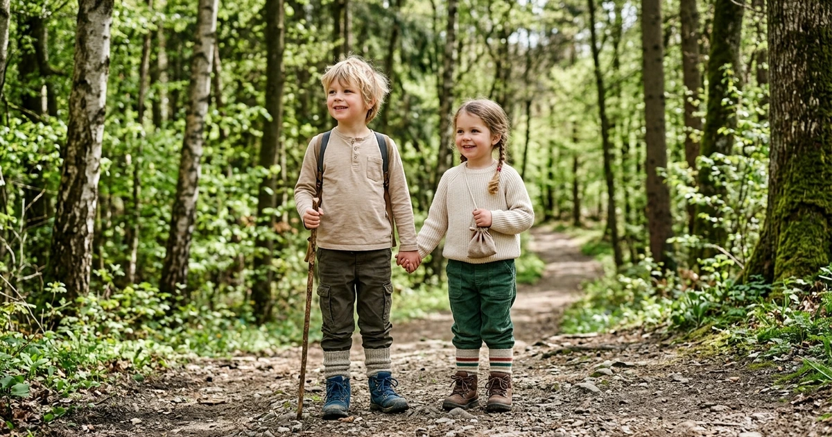 Richtige Schutzkleidung für Kinder im Wald: helle Farben, lange Hosen in die Socken gesteckt – Zecken bleiben außen und sind sichtbar