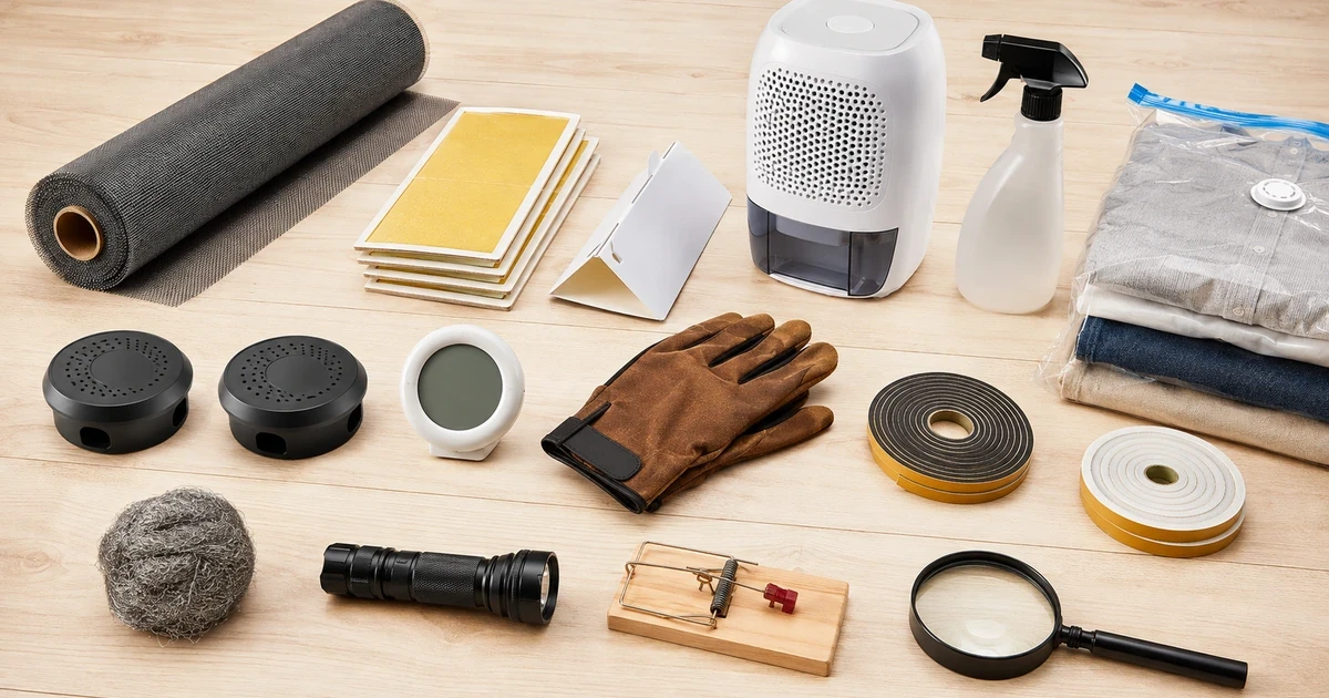 Auslage mit Produkten aus unseren Ratgebern: Fliegengitterrolle, Klebetafeln, Pheromonfalle, Luftentfeuchter, Sprühflasche, Vakuumbeutel, Köderdosen, Hygrometer, Arbeitshandschuh, Dichtungsbänder, Edelstahlwolle, Taschenlampe, Mausefalle und Lupe